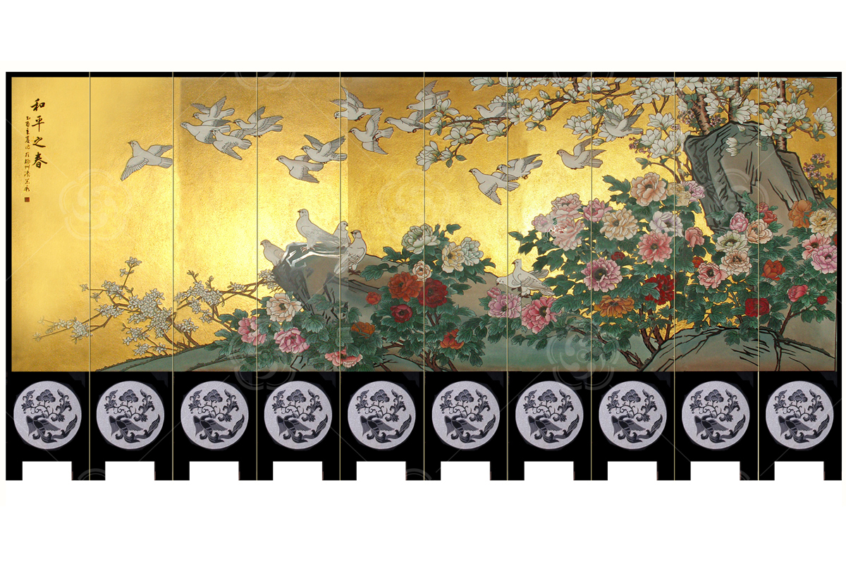 刻漆壁畫(huà)真金《和平之春》屏風(fēng)