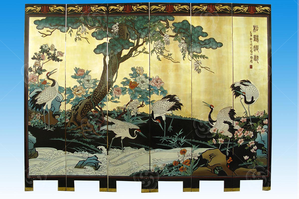 刻漆屏風《松鶴遐齡》